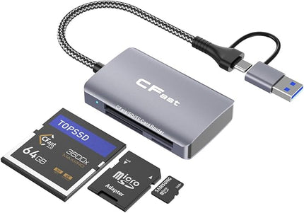 CFast Card Reader, 5 in 2 CFast 2.0 SD/TF Memory Card Reader, 5Gbps PD/USB 3.2 Gen 1 Adapter with USB C/USB A Cable Compatible with Windows/Mac/Linux/Android (5 in 2)