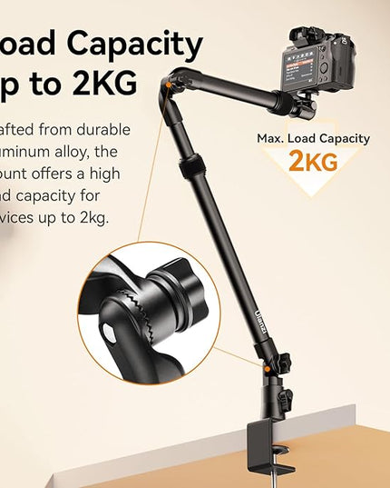 ULANZI ZJ02 Camera Desk Mount Overhead Magic Arm, 98cm/38.6inch Aluminum Adjustable Articulating Arm with 1/4" Ball Head for Cameras DSLR Lights Mount for Live Streaming/Photo Video Shooting