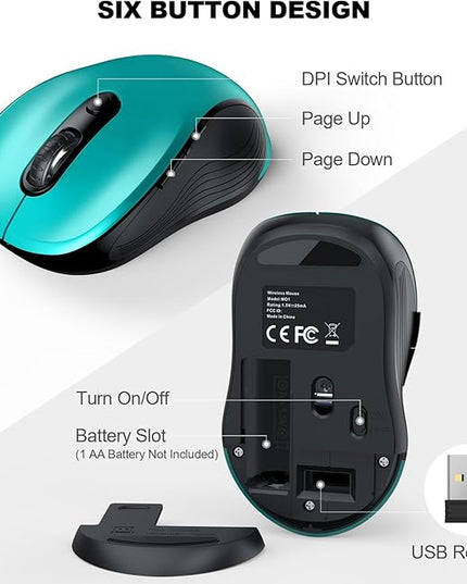 WisFox 2.4G Wireless Mouse for Laptop, Ergonomic Computer Mouse with USB Receiver and Type-C Adapter, 3 Adjustable Levels, 6 Button Cordless Wireless Mice for Windows Mac PC Notebook (Green)