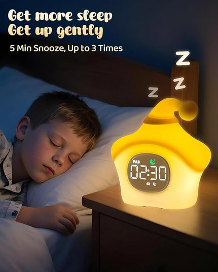 Star Alarm Clock with Night Light for Kids with Sleep Training and Sound Machine, Rechargeable Silicone Lamp OK to Wake Clock，Cute Animal Tabletop Lamp, Perfect Sleep Companion for Boys Girls, Yellow