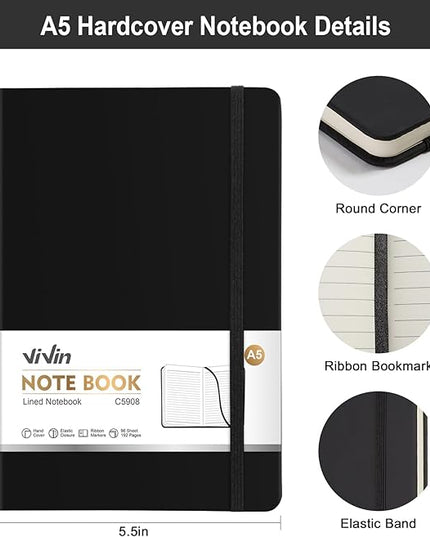 ViVin Lined Journal Notebooks for Work, 192 Pages, Medium 5.5 x 8.3 inch, College Ruled, A5 Hardcover Journaling Notebooks for Work, 3 Pack, (Black，White，Gray)