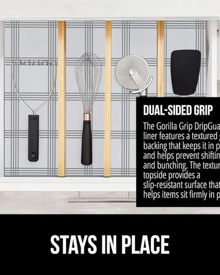 GORILLA GRIP DripGuard Shelf Liner, Non Adhesive Drawer and Kitchen Cabinet Protector, 24x240 Inch, Slip Resistant BPA Free Smooth Surface Plastic Liners for Cabinets, Bathrooms, Closets, Gray White