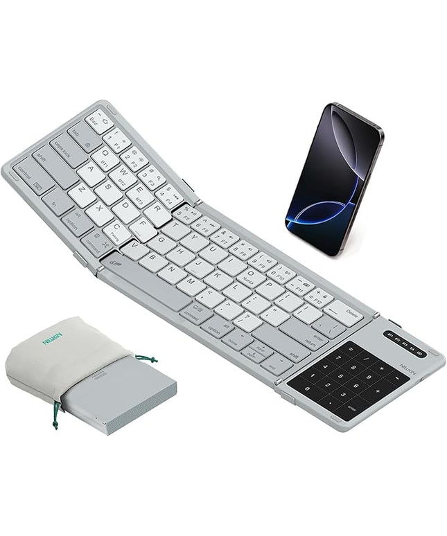 Nillkin Upgraded Foldable Bluetooth Keyboard with Touchpad & Number Pad, Portable Wireless Keyboard for Travel, Pocket-Sized, Full Size Keys, Support 3 Devices for iPad Laptop Tablets Phone, Gray