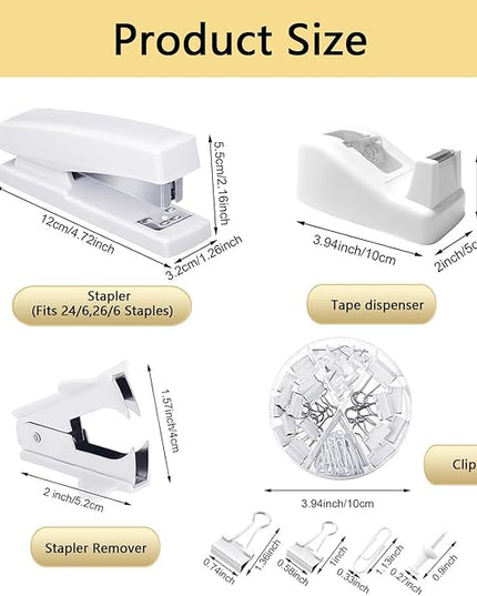 suniya Office Supplies,Desk Accessories,Tape Holder,Stapler,Scissor,Staple Remover,Box of Binder Clips,Staples,Ballpoint Pen,Lndex Tabs,Clear Tape,Office Supplies Set(White)