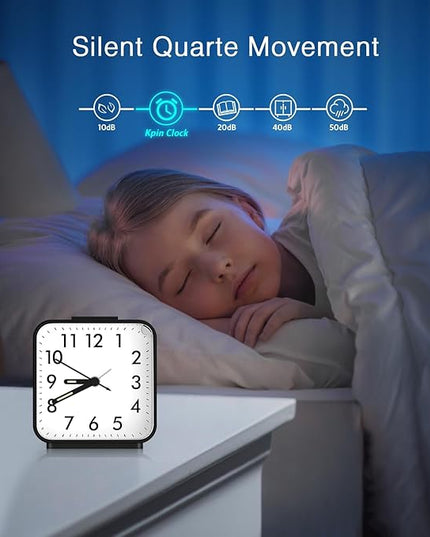 OQIMAX Analog Alarm Clocks, Non Ticking Table Clock with Luminous Hand & Large Display, Battery Powered Silent Bedside Alarm Clock with Snooze & Night Light Function, for Bedroom, Office