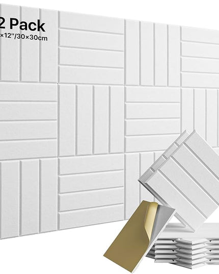 12 Pack Sound Proof Foam Panels for Walls, Self-Adhesive Acoustic Panels Sound Absorbing, 12" X 12" X 0.4" High Density Soundproof Wall Panels Tiles for Door, Ceiling, Home Office, White