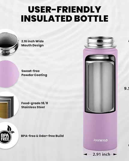 Insulated Water Bottle 20 oz, Triple Wall Vacuum Stainless Steel (Cold for 48 Hrs), Leak Proof & Non-BPA, Kids Water Bottle Jug for School with Straw Spout Lids, Lilac