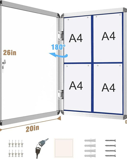 Mifuro 26"x20" Enclosed Bulletin Board, Lockable Weather-Resistant Aluminum Cork Noticeboard for School & Office, Silver Frame w/Blue Flet