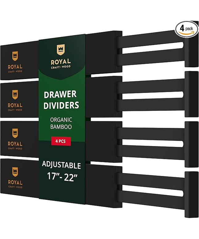 ROYAL CRAFT WOOD Adjustable Bamboo Drawer Dividers – Expandable Organizer for Kitchen, Bedroom, Bathroom, Dresser & Office – 4-Pack 17-22", Black