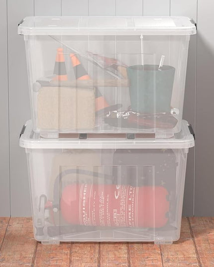 70 Quart 4 Pack Plastic Storage Bins with Latch Lids and Wheels, Clear Large Latching Storage Container
