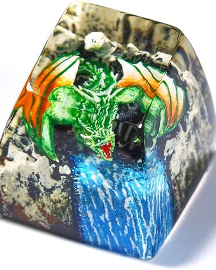 Green Dragon with Waterfall Artisan Keycap R1 SA Profile Custom Fantasy Dragon Keycaps 1U ESC Handmade Gaming Resin Key Cap Cherry MX Switch Compatible Mechanical Keyboard Gift for Dragon Lover