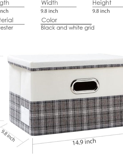 PRANDOM Collapsible Storage Bin with Lid [3-Pack] Fabric Foldable Storage Box Organizer Container Basket Cube with Cover for Home Bedroom Closet Office Nursery Gray plaid & Cream(14.9x9.8x9.8)