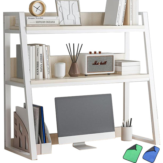 Ladder Desktop Shelf, 3-Tier Desk Hutch for Computer, Display Rack, Multipurpose Vintage Metal and Wood Bookshelf Storage Organizer for Dorm Office Home, White, 22x13x35"
