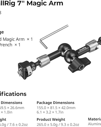 SMALLRIG 7'' Magic Arm with 1/4"-20 Screws & Spring-Loaded Pins, 1.5kg Load Capacity, 360° Dual Ball Head, Non-Slip Design for Cameras/Lights/Monitors/Mics/Phones – 5308