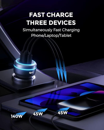 SUNDA 230W USB C Fast Car Charger, 3-Ports Car Charger Adapter, Dual Type C PD140W/PPS63W Compatible with iPhone17/16Pro/Max/iPhone15/Laptop/Galaxy/SamsungS25, USB-A 45W QC3.0 for Android