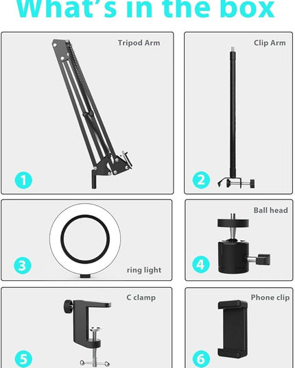 Overhead Camera Mount with Ring Light, Flexible Articulating Phone Arm Stand Compatible with iPhone, Logitech Webcam, Desk Tripod for YouTube Live Stream Cooking Nail Video Recording