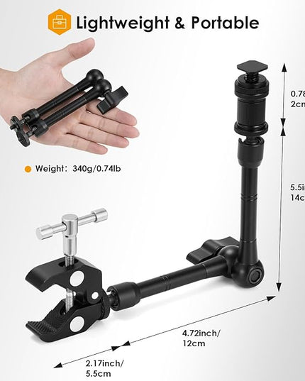 TARION Magic Arm with Super Clamp - 11in/28cm Adjustable Articulating Friction Camera Mount & Clamp with 1/4"" and 3/8"" Thread for LCD Monitor LED Light Flash Light Phone Action Cam, Black