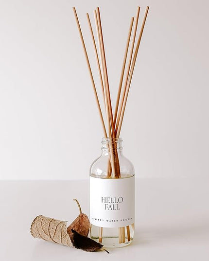 Sweet Water Decor Hello Fall Reed Diffuser Set - Hot Cider, Cinnamon, Cloves, Apple, and Nutmeg Fall Scented Diffuser - Scent Diffusers for Home, Fall Home Long Lasting Fragrance, Made in The USA