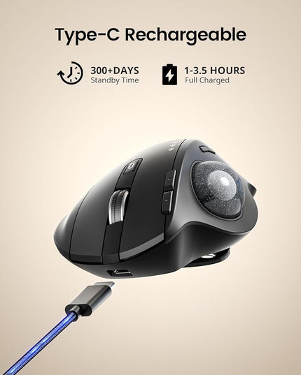 ProtoArc Wireless Trackball Mouse, EM01 NL Ergonomic Bluetooth Rollerball Thumb Rechargeable Computer Laptop Mouse, Adjustable Angle & 3 Device Connection for PC, Mac, Windows-Gray Ball