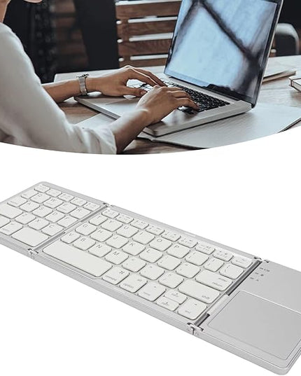 Wisoqu Foldable Keyboard with Touchpad, 3 Folding Wireless Keyboard 63 Keys 10m Connection USB Charging, for iOS for Laptop Tablet Smartphone (Silver White)