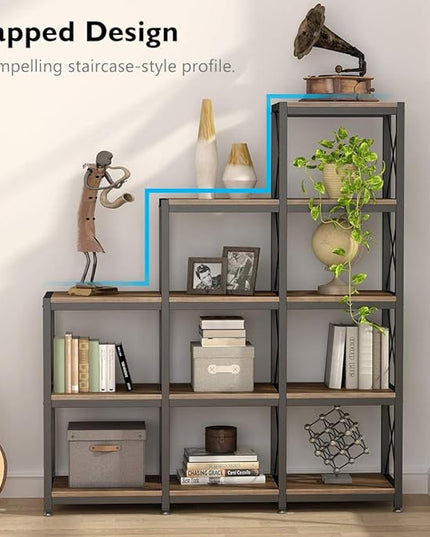 Tribesigns 12 Shelves Bookshelf, Industrial Ladder Corner Bookshelf 9 Cubes Stepped Etagere Bookcase, Rustic 5-Tier Display Shelf Storage Organizer for Home Office (Rustic Brown)