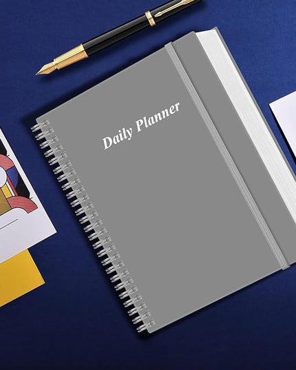Daily Planner Undated - A4 To Do List Notebook Hourly Schedules, Spiral Appointment Planner for Women and Men,PVC Hardcover, Inner Pocket, Elastic Closure, 8.5" x 11", Grey