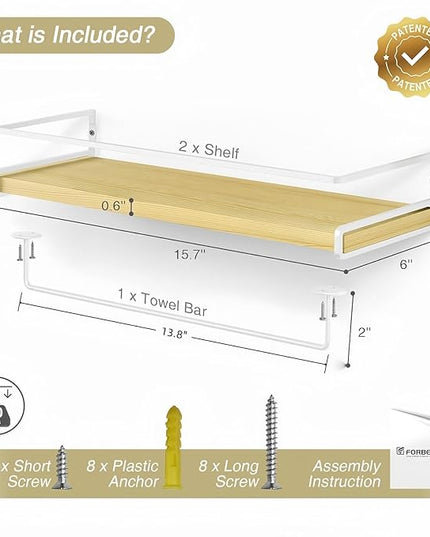 Forbena Floating Shelves for Wall with Rail, White and Natural Wood Nursery Book Shelves for Baby Girls Boys Kids Room Bedroom, Hanging Bookshelves Wall Mounted for Books, Toys, Bathroom (Set of 2)