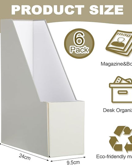 Gueevin Set of 6 Magazine File Holder Stylish Sturdy Cardboard File Boxes Desk Magazine Organizer Rack with Gold Label Holder to Organize Your Desk or Shelves for Home Classroom Office Library(Beige)
