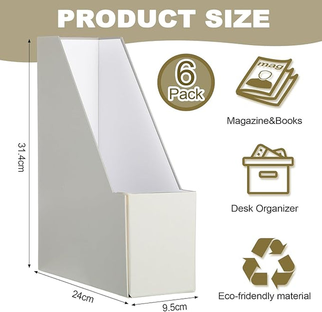 Gueevin Set of 6 Magazine File Holder Stylish Sturdy Cardboard File Boxes Desk Magazine Organizer Rack with Gold Label Holder to Organize Your Desk or Shelves for Home Classroom Office Library(Beige)