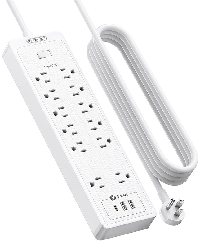 15 ft Extension Cord Flat Plug Power Strip, NTONPOWER 2100 Joules Surge Protector with 12 Outlet 3 USB Port, 1875W/15A, Overload Protection, Long Cord Wall Mountable for Home Office Accessories, White