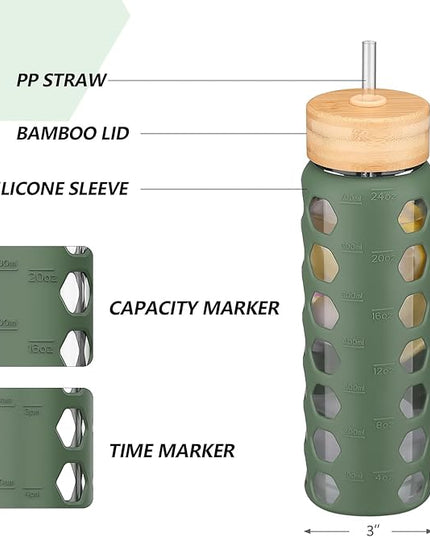 MUKOKO Glass Water Bottles, 24oz Glass Tumbler with Straw, Drinking Bottles with 2 Lids-Handle Spout Lid&Bamboo Straw Lid, Motivational Water Bottle with Time Marker and Silicone Sleeve, 1 Pack-Olive