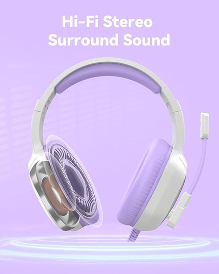 Gaming Headset with Microphone for Pc, Xbox One Series X/s, Ps4, Ps5, Switch, Stereo Wired Noise Cancelling Over-Ear Headphones with Mic, RGB, for Computer, Laptop, Mac, Nintendo (White Purple)
