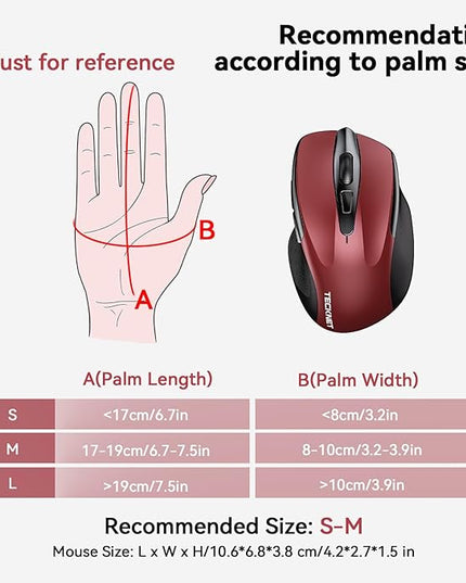 TECKNET Wireless Mouse (BT5.0/3.0 & 2.4G) Rechargeable 4800 DPI Silent USB A & Bluetooth Mouse 6 Buttons, Wide Compatibility - Red