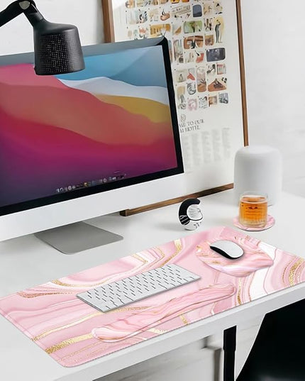 Keyboard Wrist Rest Large Mouse Pad Wrist Support for Computer, 4 in 1 Memory Foam Keyboard Pad Desk Mat Ergonomic Hand Rest Wrist Cushion for Home Office Gaming - Pink Marble