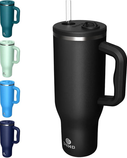 34HD 40 oz Stainless Steel Tumbler - Leakproof Insulated Water Bottle with Handle, Magnetic Lid and Flexible Straw - Iced for 48 Hours – Perfect for Men, Women, Birthday Gift, Black - Midnight Onyx
