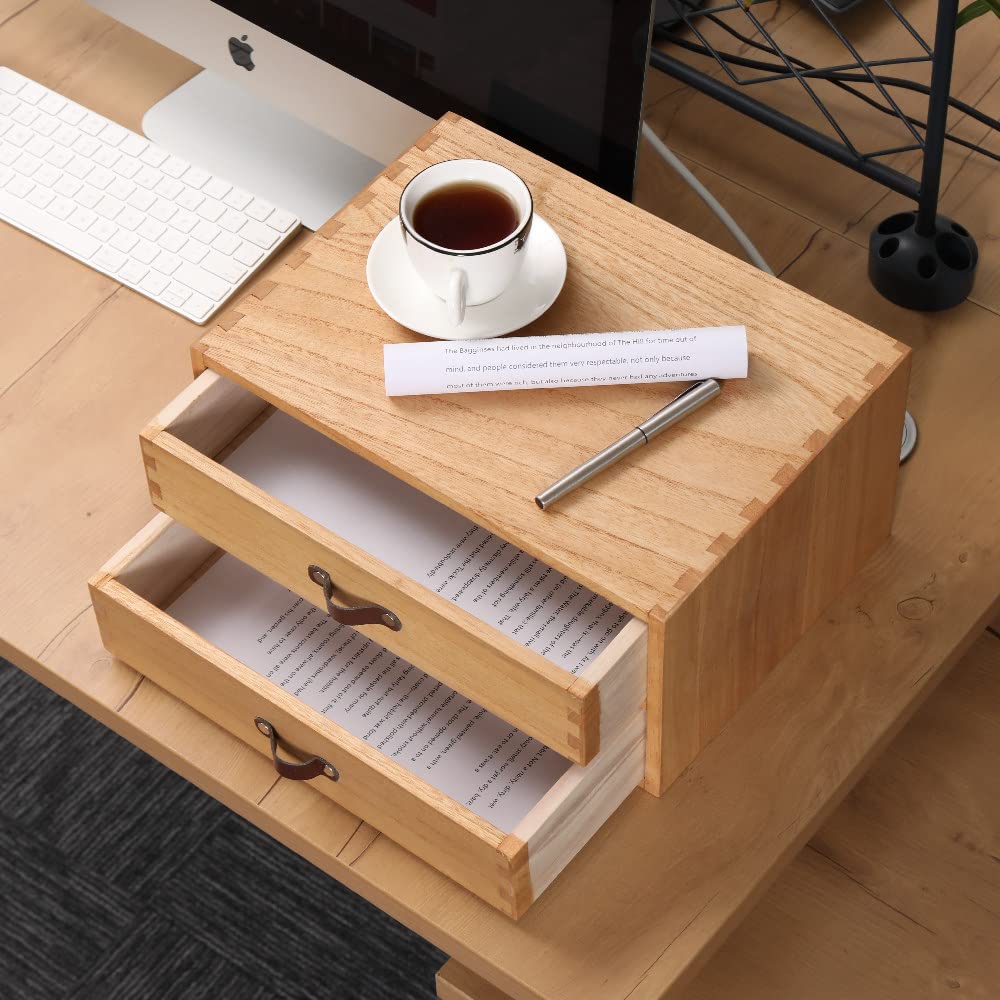 DDYURI Wooden Desk Organizer with 2 Drawers - Desktop Storage Drawers for Office Supplies File Paper Storage - Wood Chest/Small Cabinets for Jewelry Dresser Kitchen Counter (FAX2C-LT）