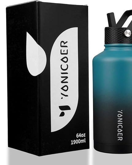 Insulated Water Bottle 64oz,Triple Wall Vacuum Stainless Steel(Dishwasher Safe),Leak Proof & Non-BPA,Flask Jug with Paracord Handle & Straw Spout Lids Sports Gradient indigo blue/black