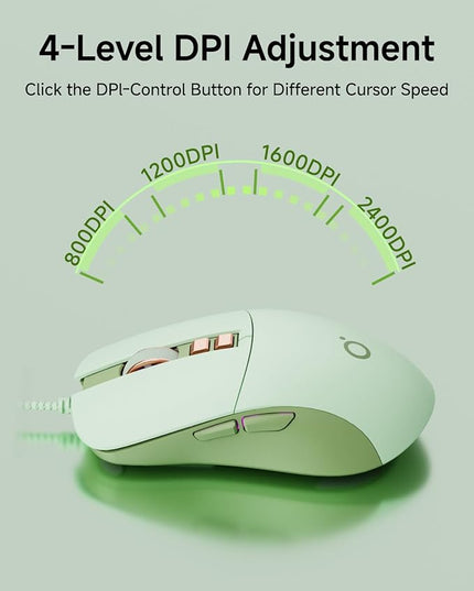 EWEADN G309 Wired Mouse, 7-Button Ergonomic Computer Corded Mouse with 2400 DPI, 4 Adjustment Levels DPI, Optical Office USB Mice with 5FT Cord for Laptop, PC, Desktop, MacBook-Green