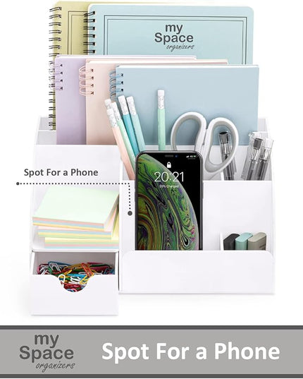 White Desktop Organizer - 9 Compartment Office Desk Accessories Organizer - Pen Holder