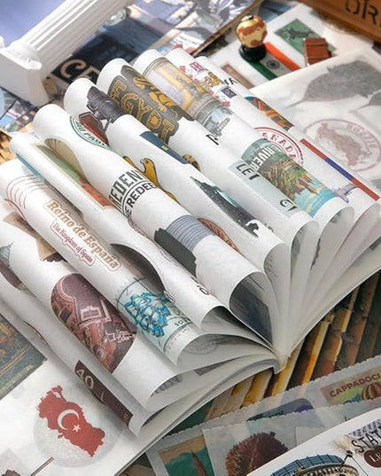 Prstincol Vintage Aesthetic Washi Stickers and Papers for Scrapbooking, 50 Sheets Ephemera Book for Art Journaling with Retro Global Travel Theme Stickers and Decoupage Papers for Junk Journal