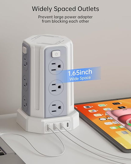 Power Strip Surge Protector, 10 Ft Extension Cord with 12 AC Multiple Outlets 4 USB (1 USB C), SMALLRT Power Tower Desktop Charging Station (White, 10 FT PD20W)
