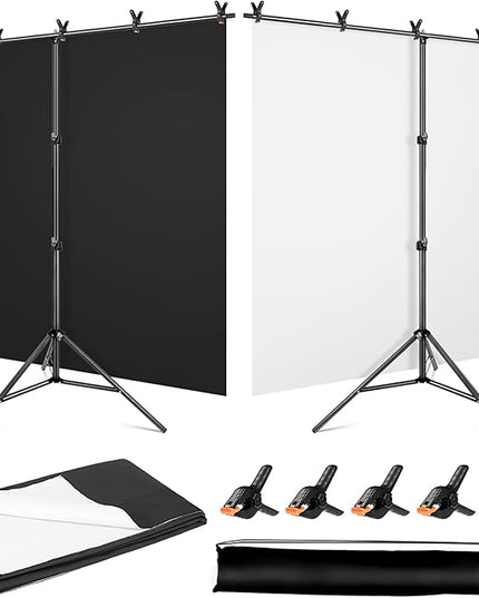Black White Backdrop Screen with Stand Kit 5x6.5ft for Photo Video Studio, 2-in-1 Revisible Black Backdrop White Screen with T-Shaped Photography Background Support Stand and 5 Clamps