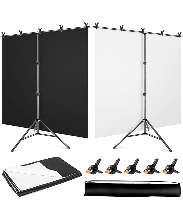 Black White Backdrop Screen with Stand Kit 5x6.5ft for Photo Video Studio, 2-in-1 Revisible Black Backdrop White Screen with T-Shaped Photography Background Support Stand and 5 Clamps
