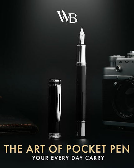 Wordsworth and Black Fountain Pen Mini EDC: Luxury Black Heavy Pocket Pen, Chrome Finish, Medium Nib, 6 Ink Cartridges, Ink Converter, Travel Refillable Writing Pen Gift Set, Men & Women