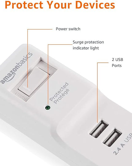 Amazon Basics Power Strip Surge Protector with 6 Outlets, 2 USB Ports, 1000 Joule Protection, 6-Foot Extension Cord, White