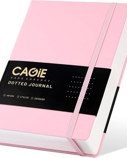 CAGIE Bullet Dotted Journal Notebook 320 Pages 100 GSM Paper Hardcover A5 Dot Grid Notebook Leather Journals for Writing Women Men Work Journaling, Pink