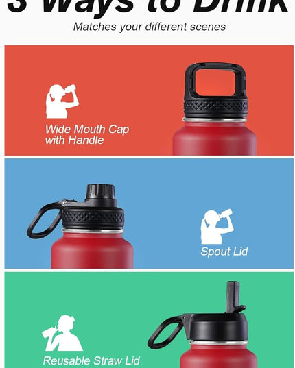 Coolflask Water Bottle 40 oz Insulated with Straw, Stainless Steel Metal 3 Lids Water Flask for Sports or Office, Keep Cold 48H Hot 24H, Red