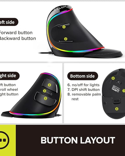 DeLUX Ergonomic Vertical Mouse, Wired Ergo Mouse for Large Hands, 6 Programmable Buttons, Up to 12800 DPI, Removable Wrist Rest, Vibrant RGB Backlit, for Windows 7/8/10/XP/Vista (M618Plus RGB-Wired)