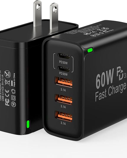 2Pack USB C Fast Charger Block, 60W 5-Port USB C Wall Charger 30W Type C Charging Block, 2USB C+3USB A PPS/PD 3.0 Multiport Charging Cube for iPhone 17 16 15 14 Pro Max,for Galaxy S25 S24 Ultra, i Pad