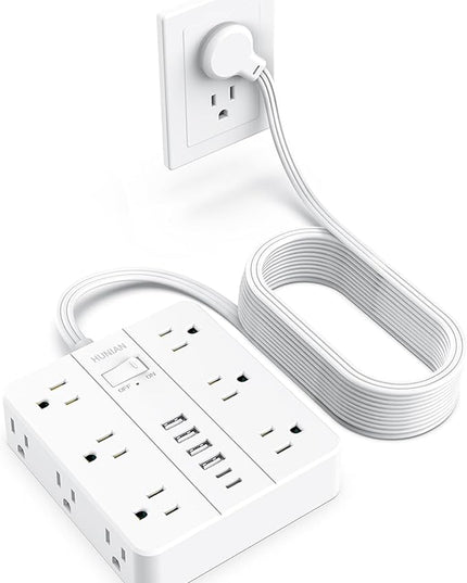 Flat Plug Power Strip Surge Protector, Flat Extension Cord Indoor 20 Feet， HUNIAN 12 Widely Spaced Outlets with 6 USB (2 USB C Ports), Desk Charging Station for Home Office Supplies, White